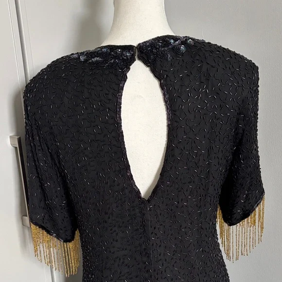 Vintage Silk Lori Ann Elegant Black and Gold Sequin Fringe Dress - Picture 8 of 14